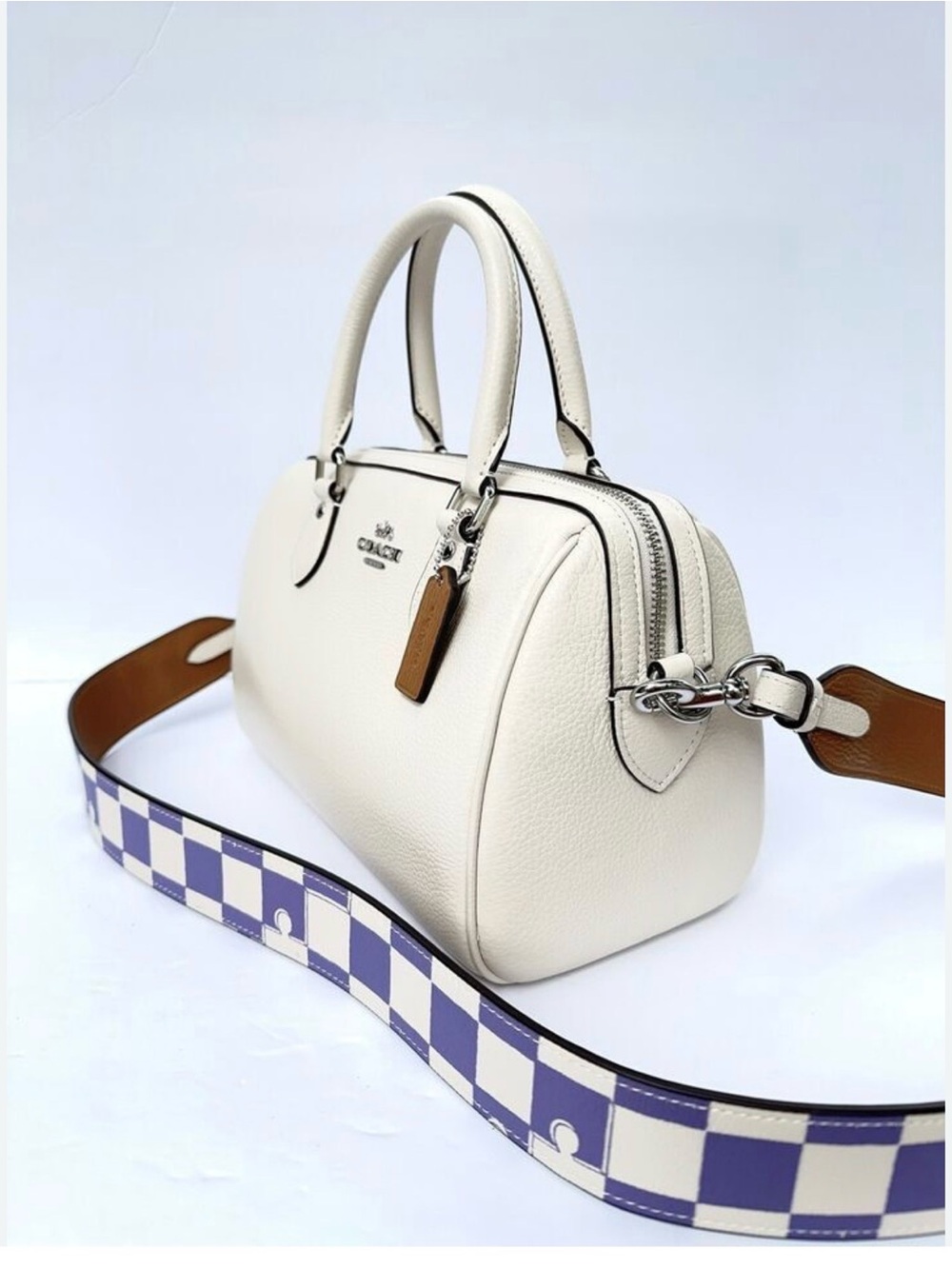 Coach White Pebbled Leather Satchel with Checkered Purple Strap